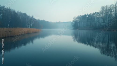 Serene lake with mist hovering above the water, flanked by trees and dry reeds under a dusky blue sky. The calm water reflects the tranquil scenery, conveying a peaceful morning atmosphere.