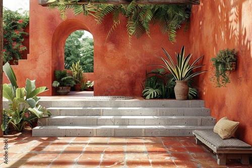 Terracotta podium, Mediterranean courtyard, sunny day, relaxed lifestyle © Seksan