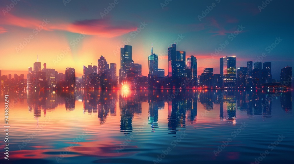Urban skyline with reflective buildings at twilight, copy space