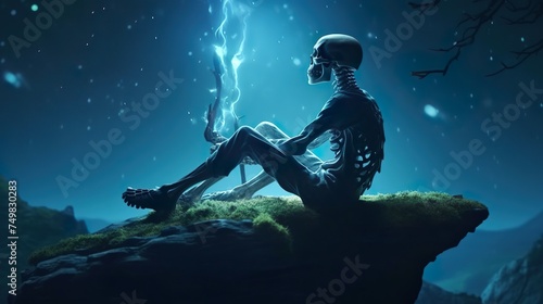 Skeleton Sitting on Rock Looking at Lightning Bolt