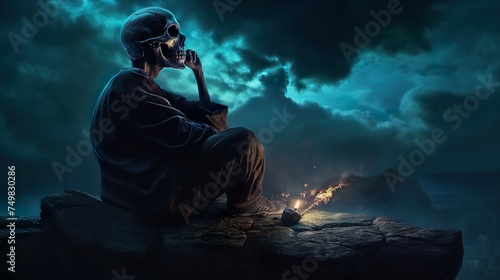 Skeleton Sitting on Rock Looking at Lightning Bolt photo