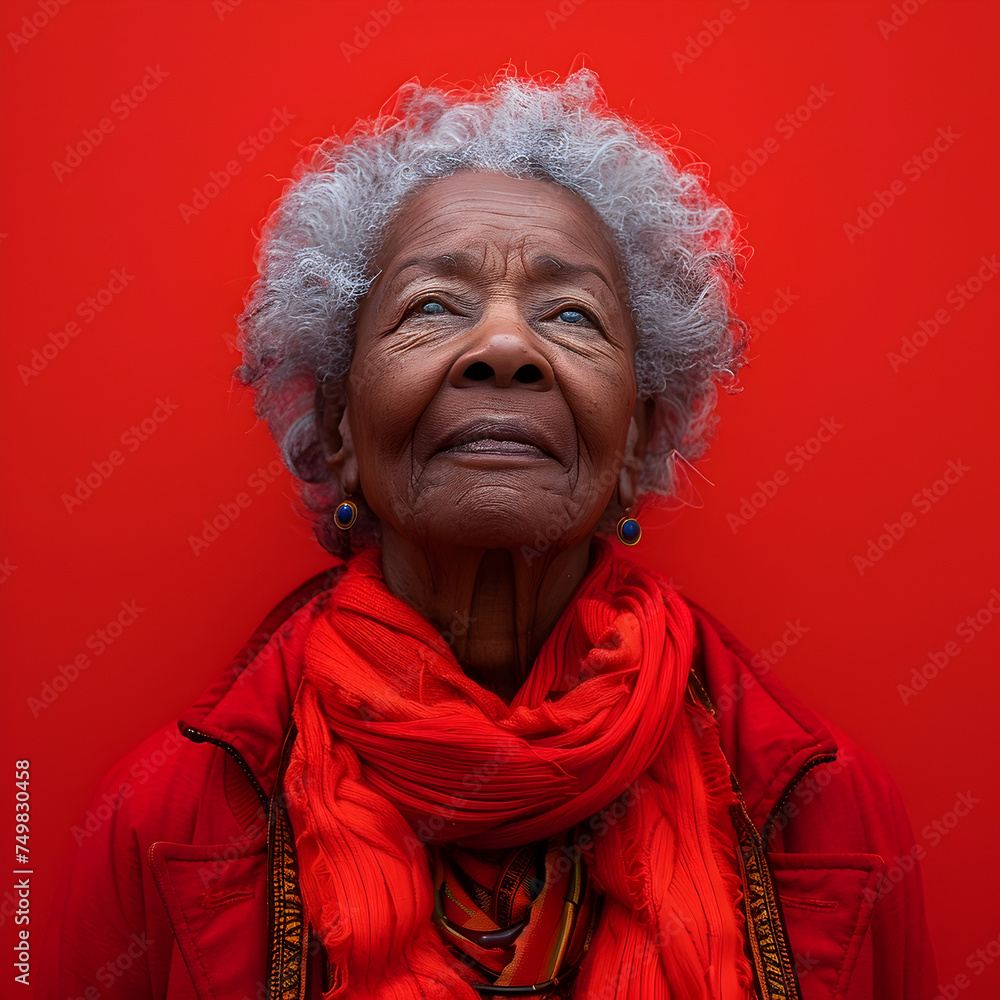 Inspiring Portrait of an Older African American Woman against a Vibrant Red Backdrop Inspiring Portrait of an Older African American Woman against a Vibrant Red Backdrop