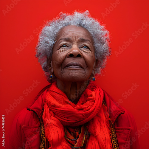 Inspiring Portrait of an Older African American Woman against a Vibrant Red Backdrop photo