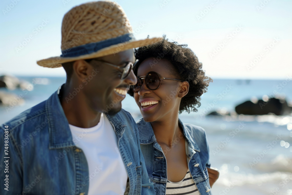 A smiling couple in casual denim attire shares a joyful moment by the sea. Concept of love, leisure, and coastal lifestyle.