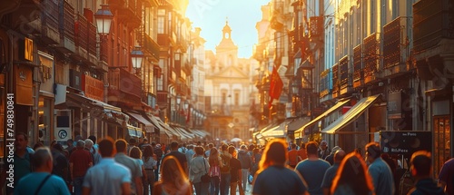 A bustling street scene in a historic European city, culture vibe, text space