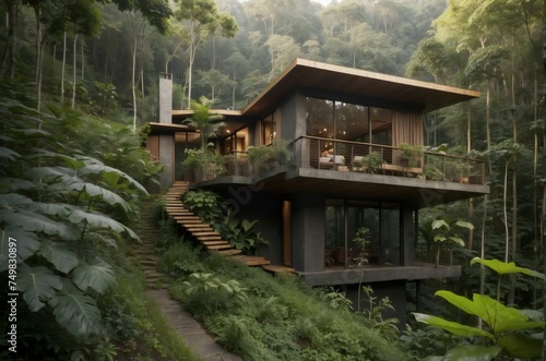modern house in the middle of the forest  with a modern natural theme. generative ai