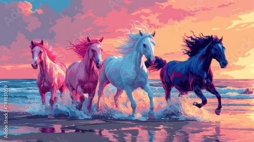 a painting of three horses running in the water at the beach with the sun setting in the sky behind them. photo