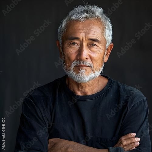 Old Asian Man with Grey and White Hair in Japanese Photography Style photo
