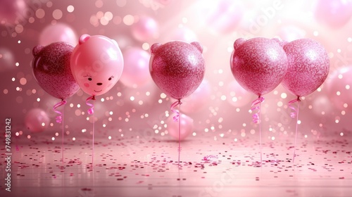 a group of pink balloons with a teddy bear in the middle of them on a pink background with confetti. photo