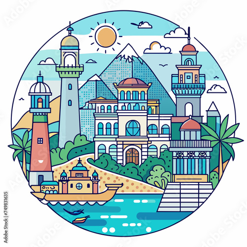 T-shirt sticker of Incorporate intricate line art depicting iconic landmarks of coastal destinations © pngstock.in