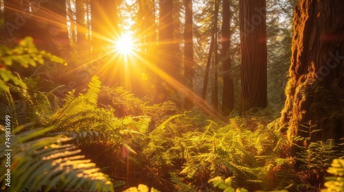 the sun shines brightly through the trees in a dense area of ferns and ferns in the foreground, while the sun shines brightly through the trees in the background. © Anna