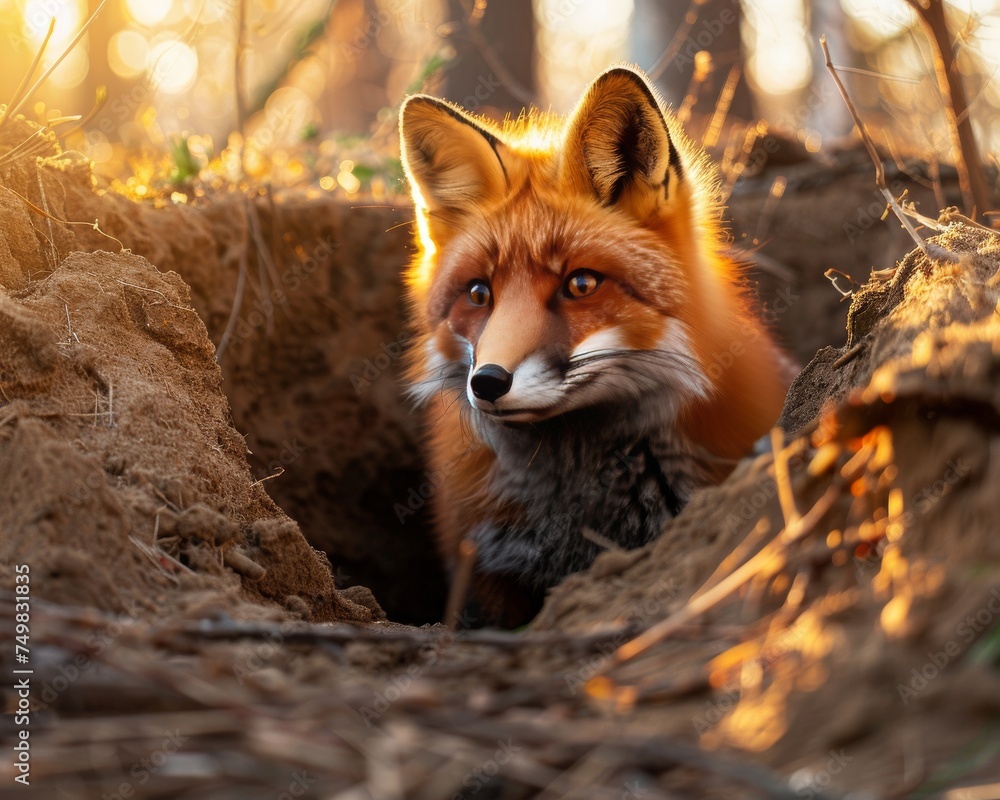 Fototapeta premium Portrait of a fox looking out of its hole.