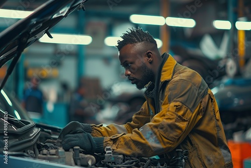 young african car mechanic checking car engine