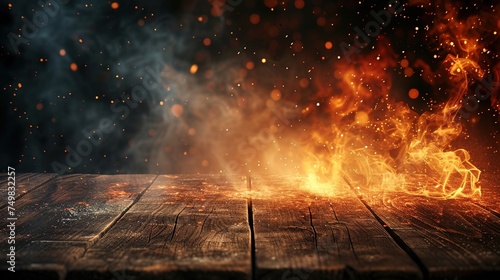 Burning fire on a wooden table on black background.