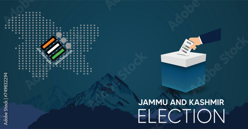 election in indian state jammu and kashmir hand paper vote with ballot box with dotted map vector illustration photo