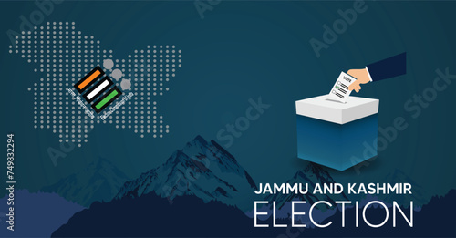 election in indian state jammu and kashmir hand paper vote with ballot box with dotted map vector illustration