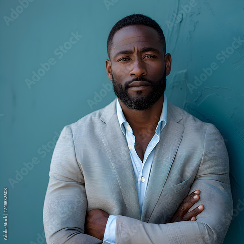 Stylish African American Man Portrait in Blue Wall photo