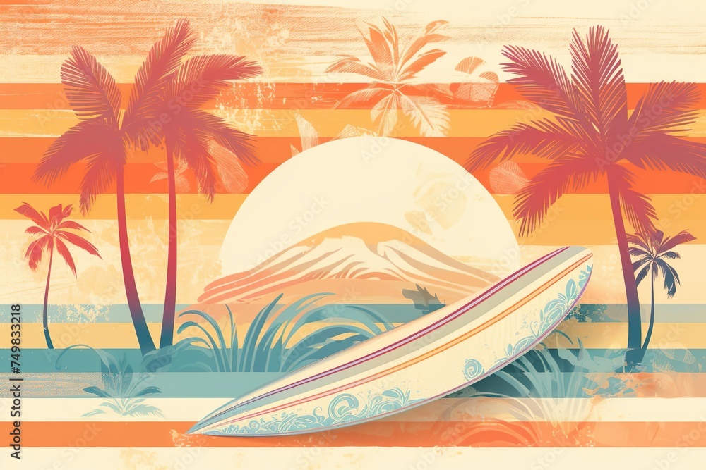 A surf retro inspired summer design on a tree palm island