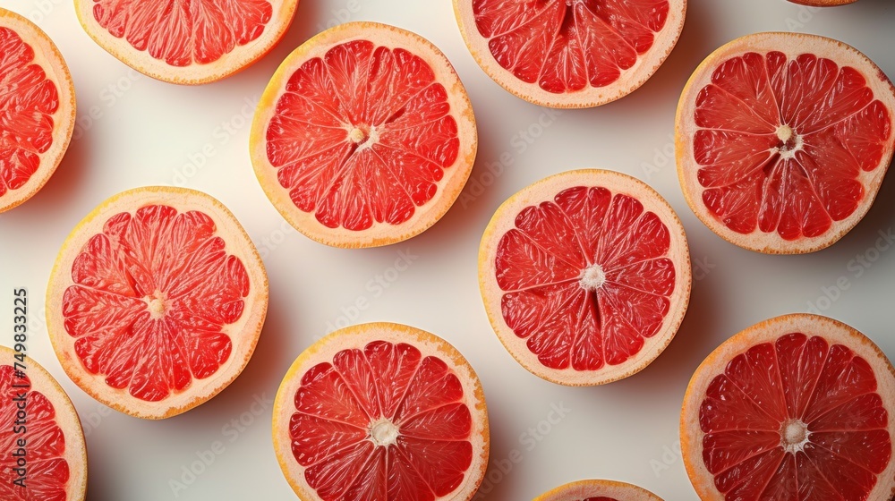 a group of grapefruits cut in half on a white surface with other grapefruits in the background. a group of grapefruits cut in half on a white surface with other grapefruits in the background.
