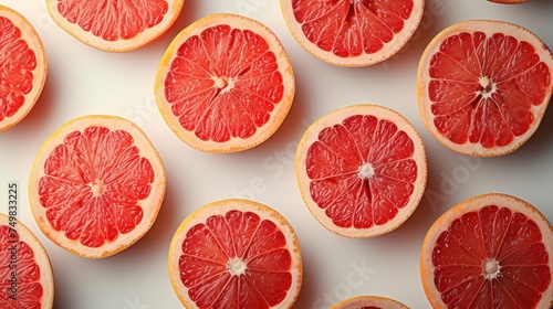 a group of grapefruits cut in half on a white surface with other grapefruits in the background.