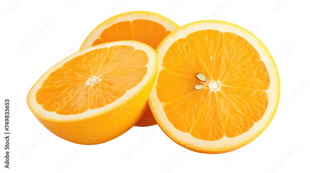 Three Oranges Halved. Three oranges have been cut in half, revealing their juicy interior, all placed neatly on a clean white background. on White or PNG Transparent Background. Three Oranges Halved. Three oranges have been cut in half, revealing their juicy interior, all placed neatly on a clean white background. on White or PNG Transparent Background.