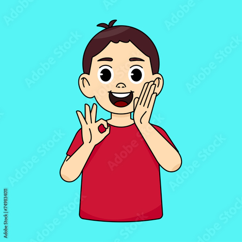 The boy shouts joyfully and announces something and shows an OK gesture. Recommends