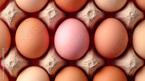 a group of eggs in a carton with one egg in the middle of the carton and one egg in the middle of the carton. photo
