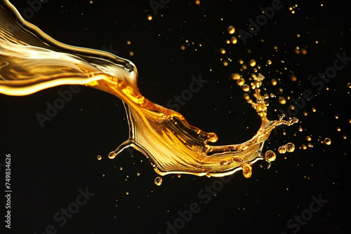 A dynamic flow of a golden, viscous liquid is captured mid-splash, creating a sense of movement against a contrasting dark backdrop