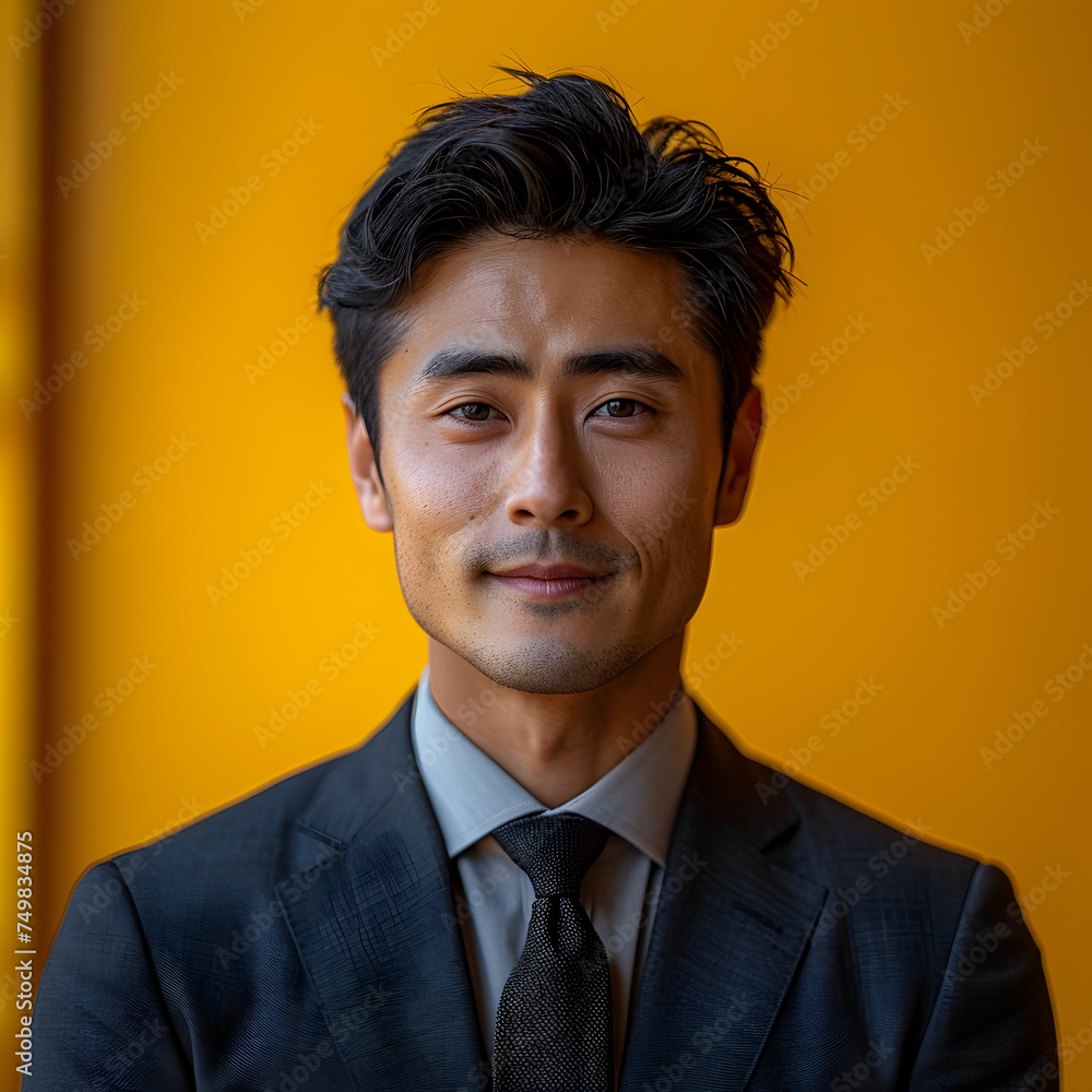 Young Asian Man in Business Attire Against a Yellow Background Young Asian Man in Business Attire Against a Yellow Background