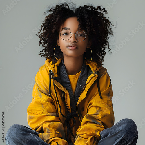 Young African American Woman Wearing Yellow Jacket and Glasses photo