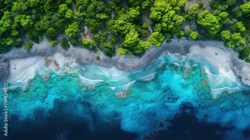 an aerial view of a body of water surrounded by lush green trees and a sandy beach in the middle of the ocean. photo