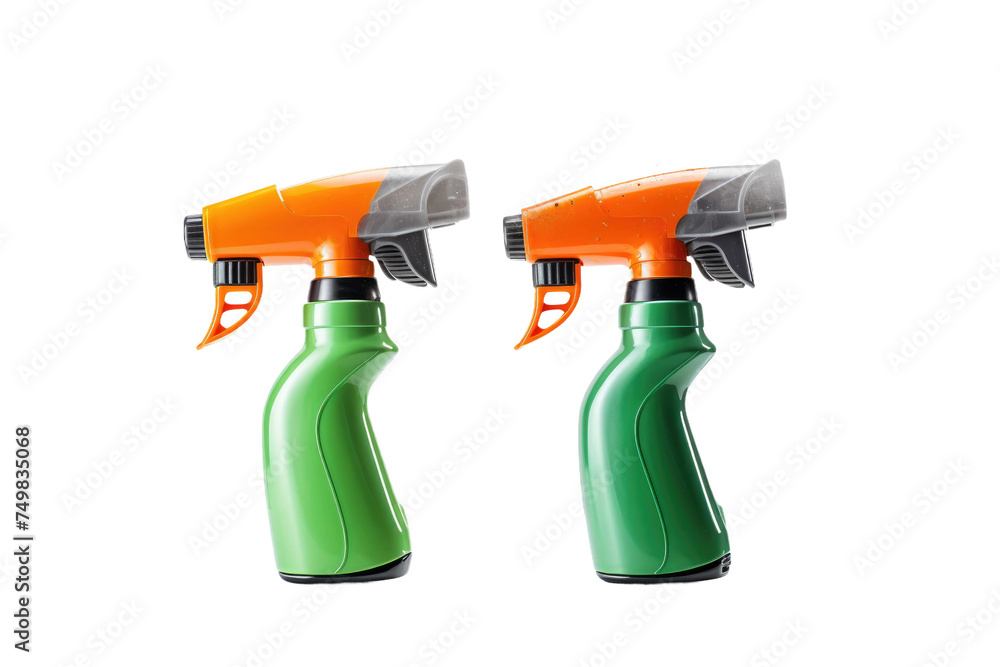 Two Green and Orange Sprayers. Two sprayers, one green and one orange, are placed side by side on a clean white background. The sprayers appear to be new and unused with no visible markings or damage. Two Green and Orange Sprayers. Two sprayers, one green and one orange, are placed side by side on a clean white background. The sprayers appear to be new and unused with no visible markings or damage.