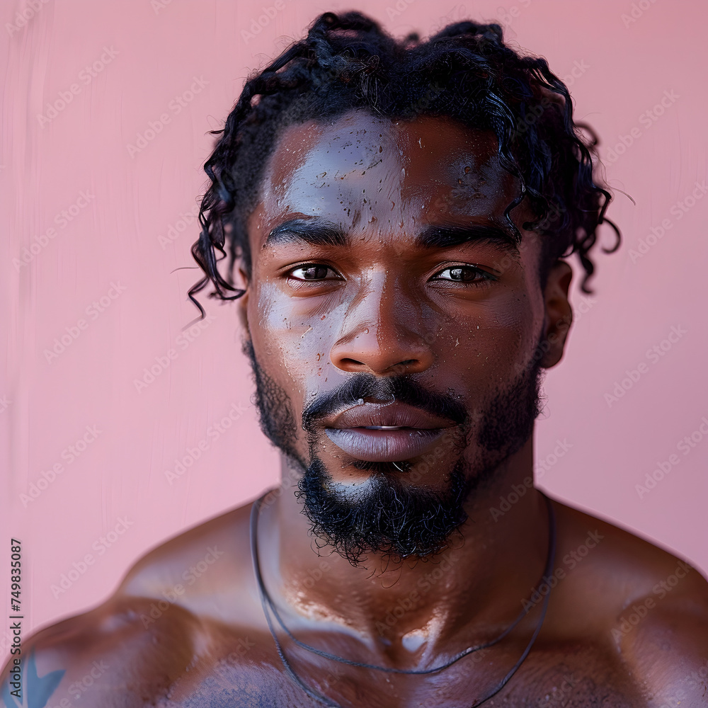 Obraz premium Young Black Man Exercising on Pink Background