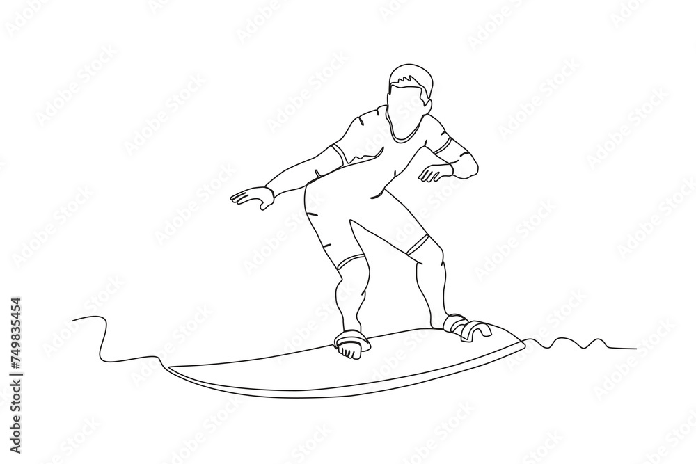 Single continuous line drawing of Surfing man .sport concept one line draw graphic design vector illustration
