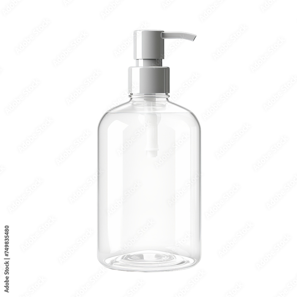 A blank plastic pump bottle with a clear dispenser and cap isolated on transparent background, png A blank plastic pump bottle with a clear dispenser and cap isolated on transparent background, png