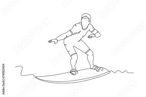 Single continuous line drawing of Surfing man .sport concept one line draw graphic design vector illustration 
