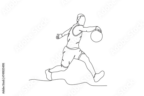 Single continuous line drawing of Man dribbling a basketball .sport concept one line draw graphic design vector illustration
