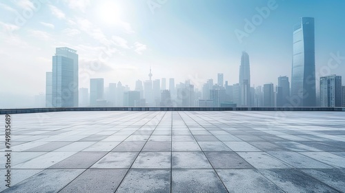 Cityscape with modern architecture under a blue sky and clouds.