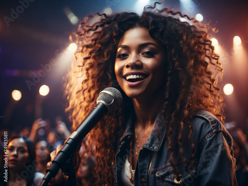 Young female singing into a microphone in a bar