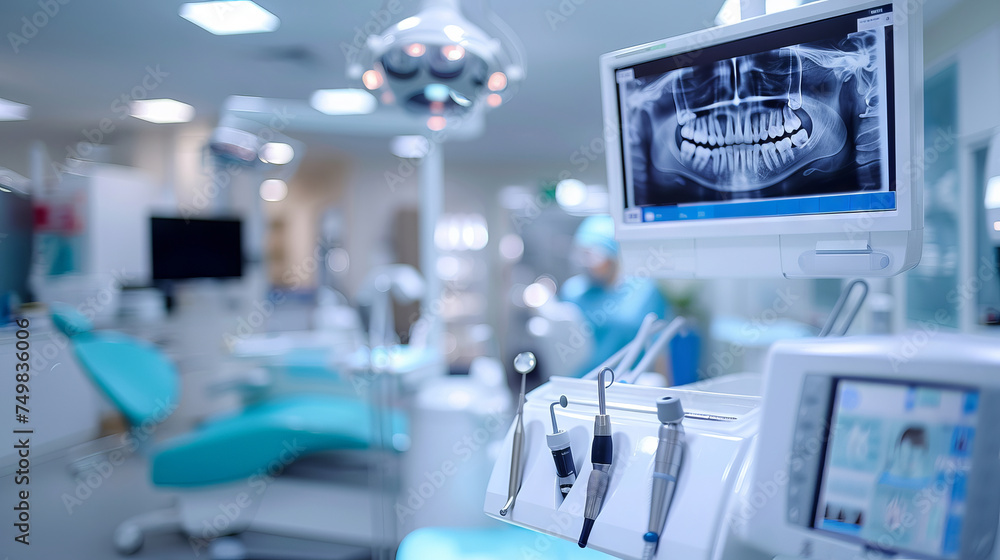 Modern Dental Clinic with Advanced Equipment. A state-of-the-art dental clinic interior with advanced dental equipment, including an X-ray monitor displaying teeth images, in a clean and professional Modern Dental Clinic with Advanced Equipment. A state-of-the-art dental clinic interior with advanced dental equipment, including an X-ray monitor displaying teeth images, in a clean and professional
