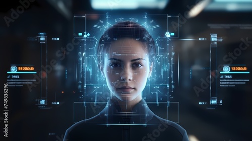 Womans Face With Digital Biometric Facial Recognition  Technology Concept in Dark Room