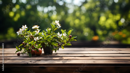 White flowers in a pot on a rustic wooden table with a sunlit garden in the background. Nature and tranquility concept for design and print with copy space