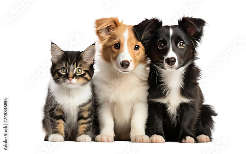 Group of Dogs and Cat Sitting Together. A collection of dogs and cat of various breeds and colors are seated side by side in this scene. on White or PNG Transparent Background.