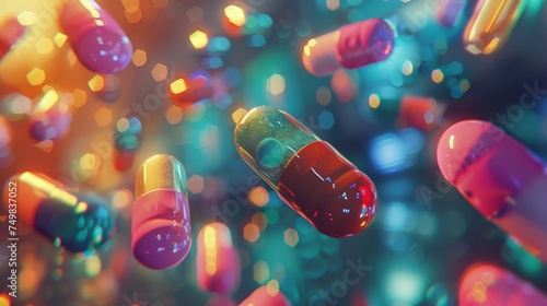 3D of vibrant floating capsules in an abstract environment with a bokeh effect, depicting pharmaceutical innovation. photo
