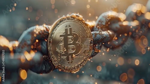 A symbolic representation of a Bitcoin token secured by a cryptographic blockchain, highlighted by golden light and digital connectivity. photo