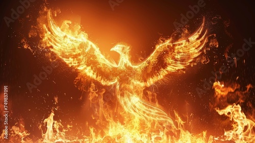 Artistic representation of a phoenix rising majestically from fiery flames, symbolizing rebirth and immortality in mythological lore. photo