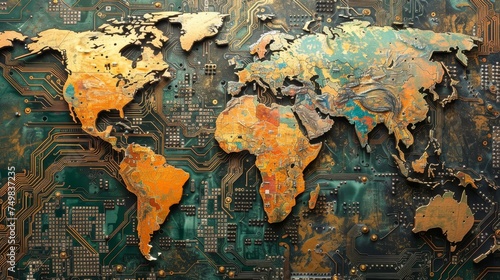 An intricate world map on a circuit board, symbolizing the interconnected nature of modern global technology and communication.