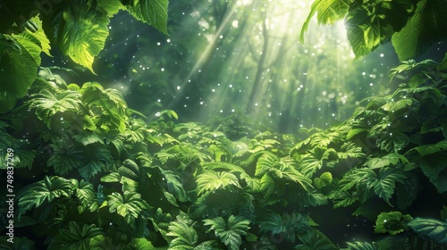 Sunbeams pierce the canopy of a dense green forest, illuminating the vibrant leaves and highlighting the serene beauty of nature.