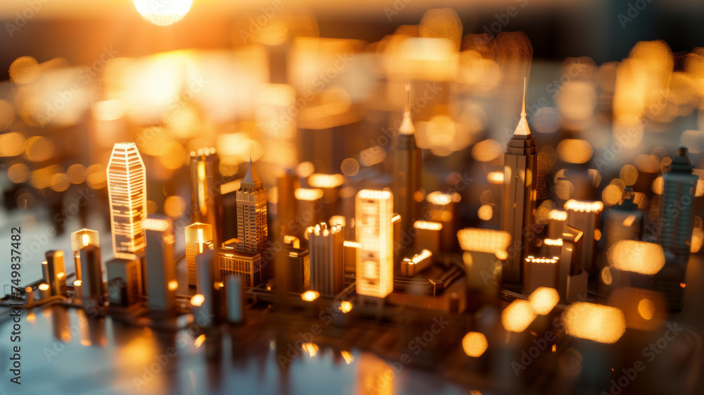Glowing futuristic cityscape model with warm illumination.