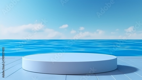 White round podium with air bubbles on blue water surface. Mock up empty geometric stage  platform with soap spheres or water drops for product ad presentation cosmetics.